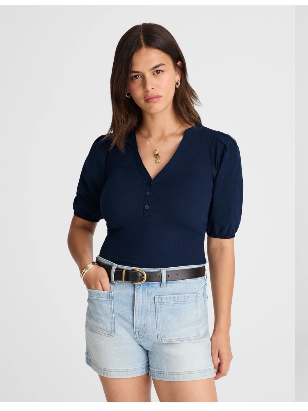 Madewell Puff Sleeve Henley Knit Top Blue Modal Blend Size XL NWT
